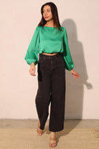 Balloon Sleeve Hammered Satin Crop Top -