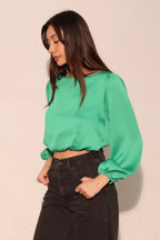 Balloon Sleeve Hammered Satin Crop Top -
