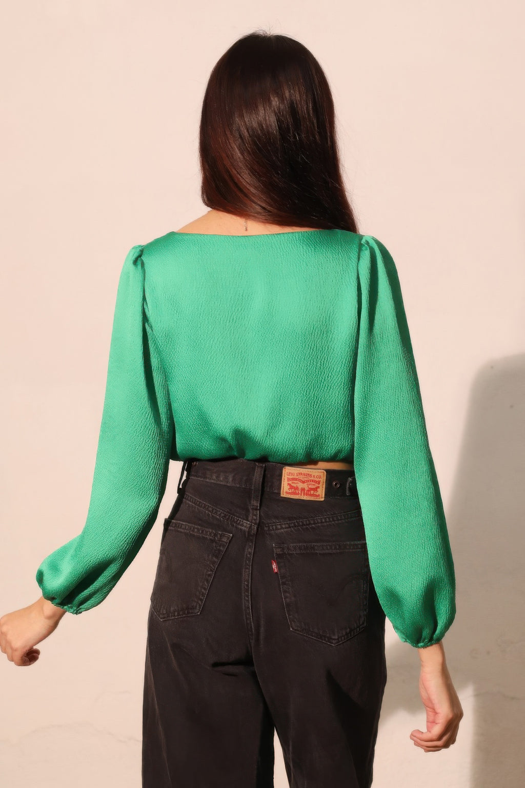 Balloon Sleeve Hammered Satin Crop Top -