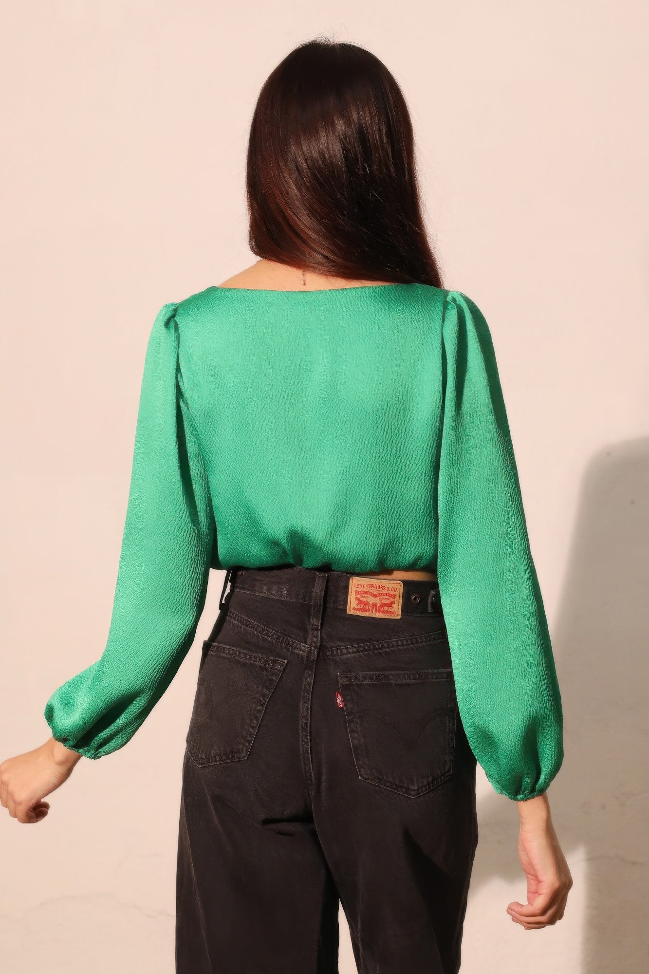 Balloon Sleeve Hammered Satin Crop Top -