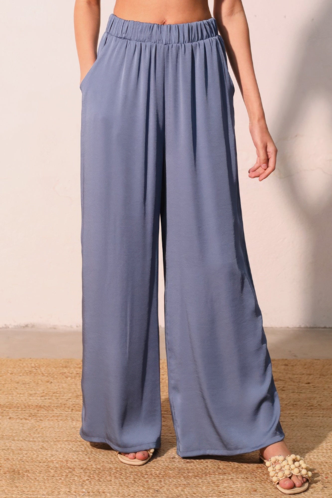 Washed Poly Silk Pull On Pants - Storm blue