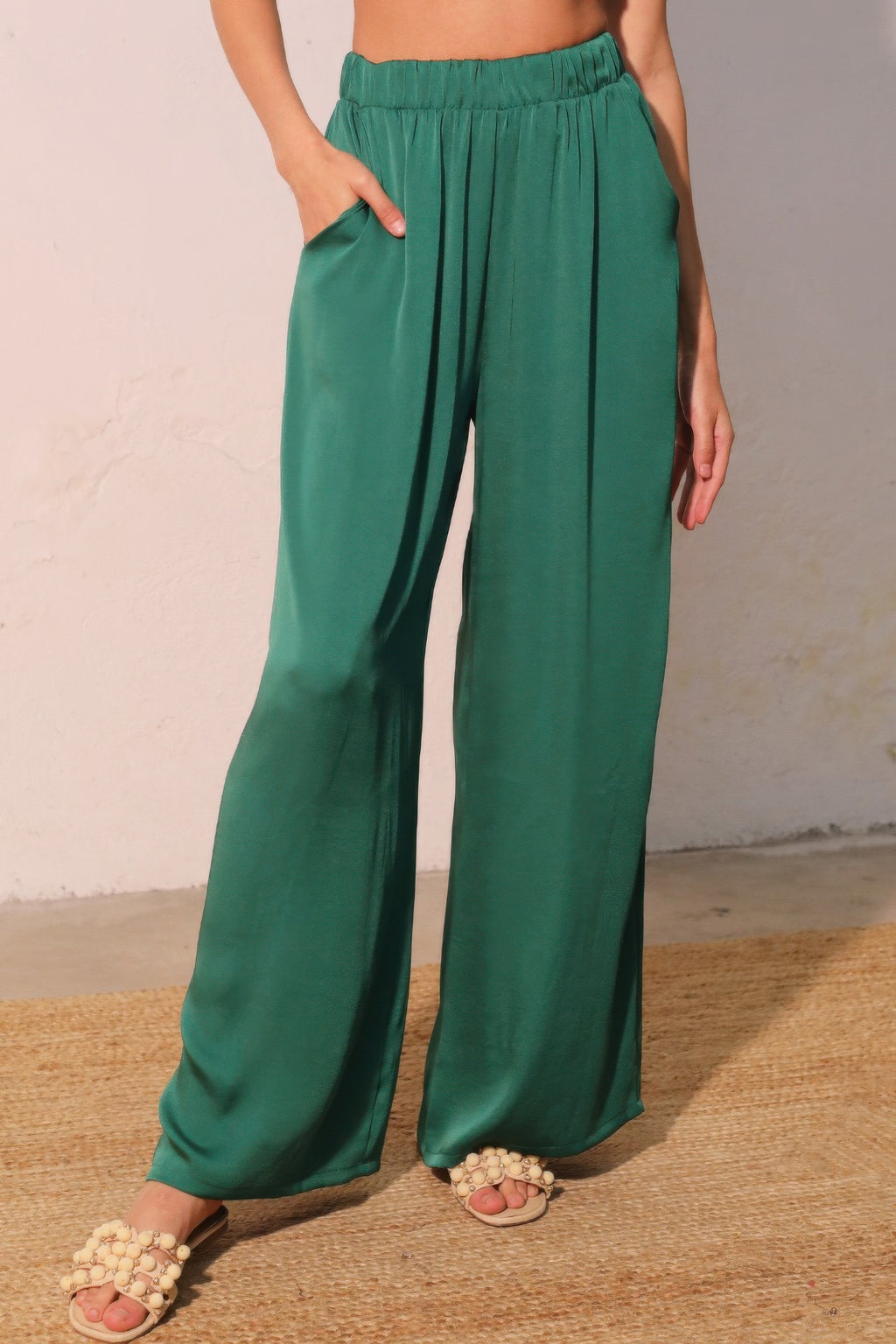 Washed Poly Silk Pull On Pants - Dark green