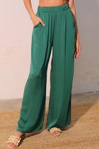 Washed Poly Silk Pull On Pants - Dark green