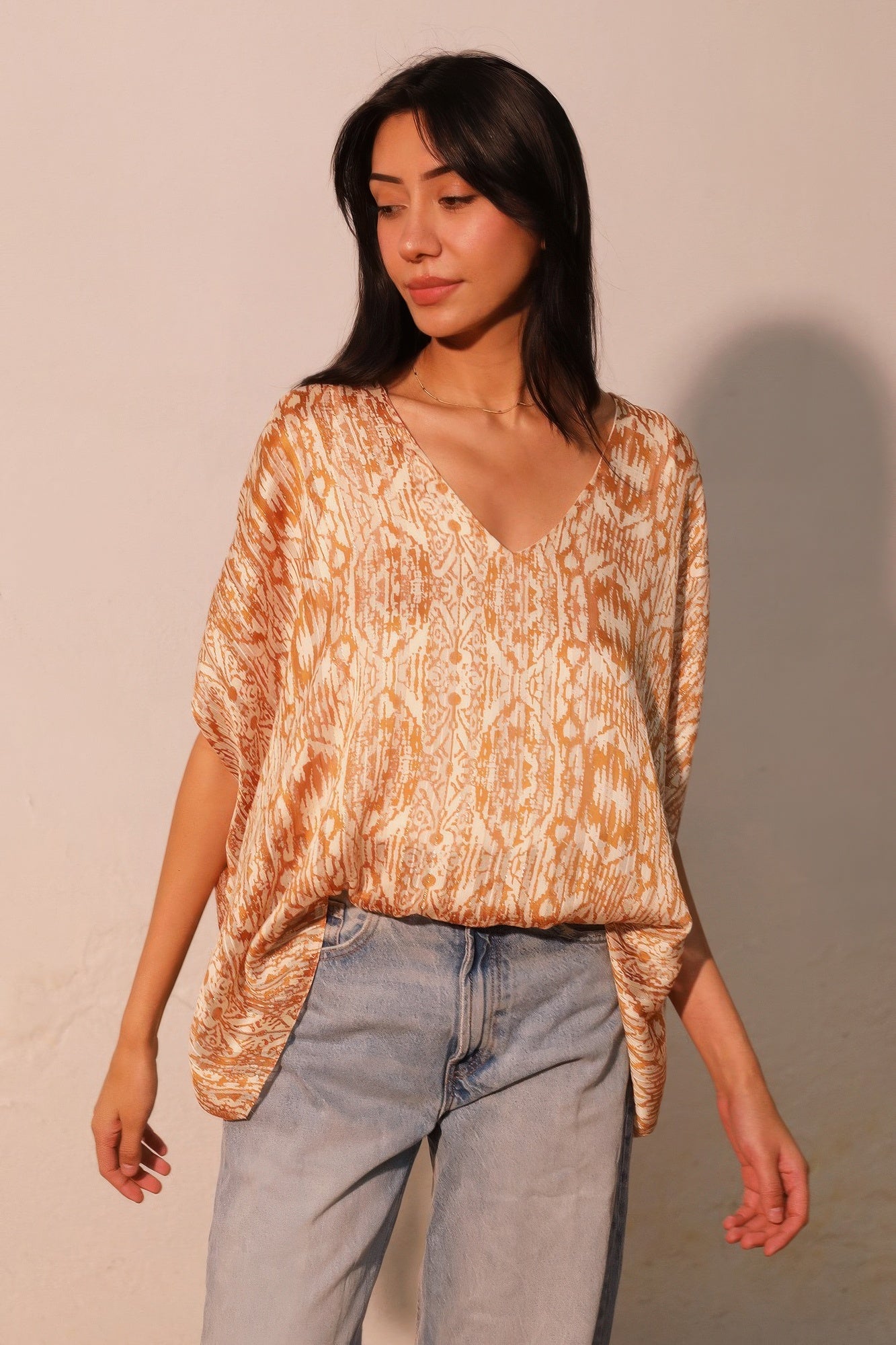 Lurex Chiffon Bohemian Caftan Blouse - Mustard