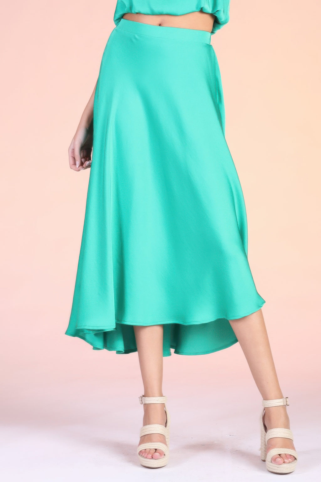 Midi Swing Washed Poly Silk Skirt - Green