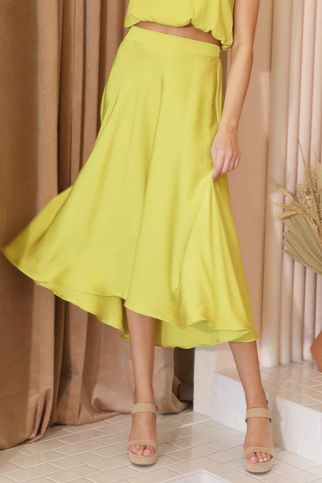 Midi Swing Washed Poly Silk Skirt - Chartreuse