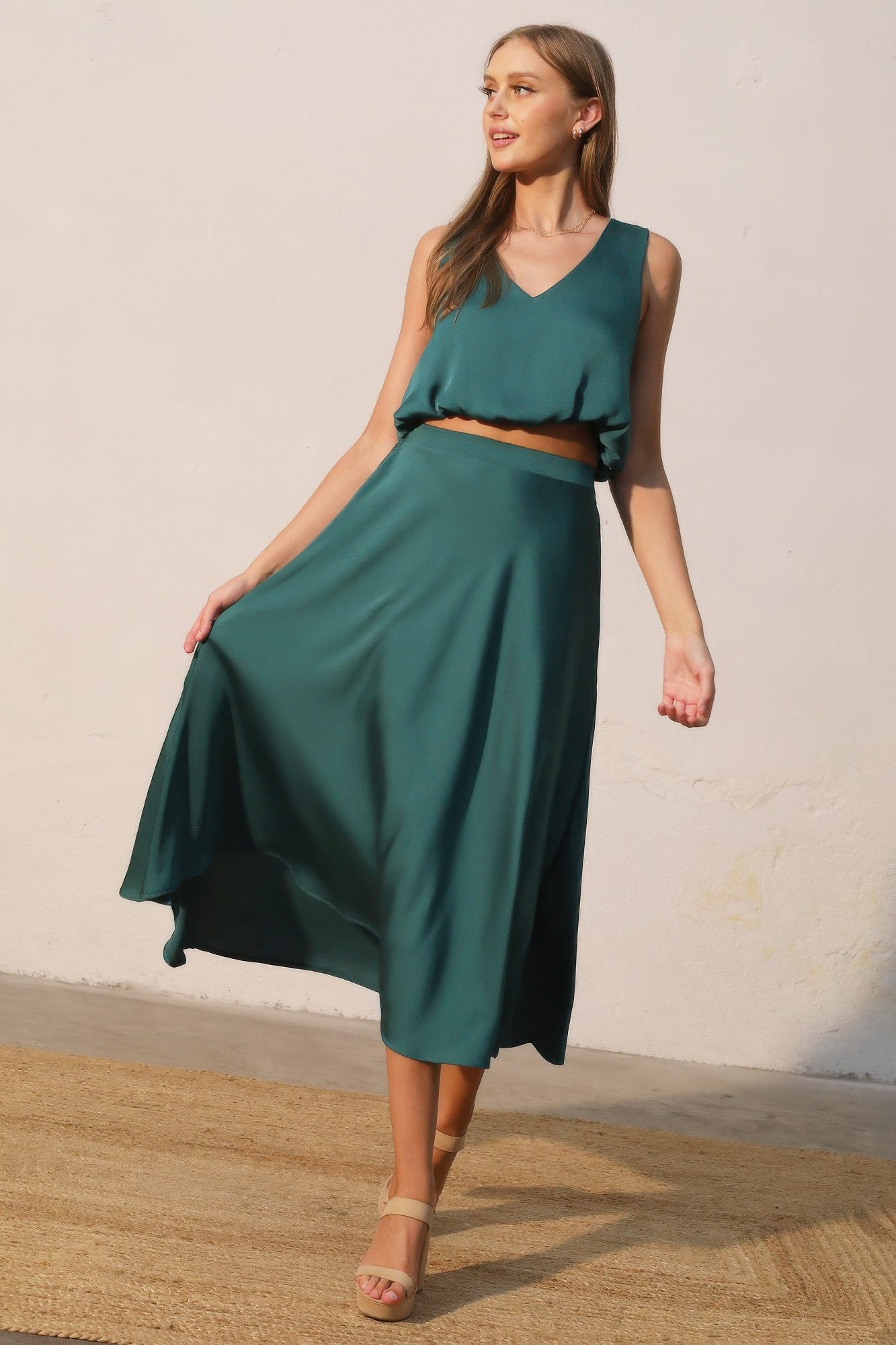 Midi Swing Washed Poly Silk Skirt - Forrest green Main image