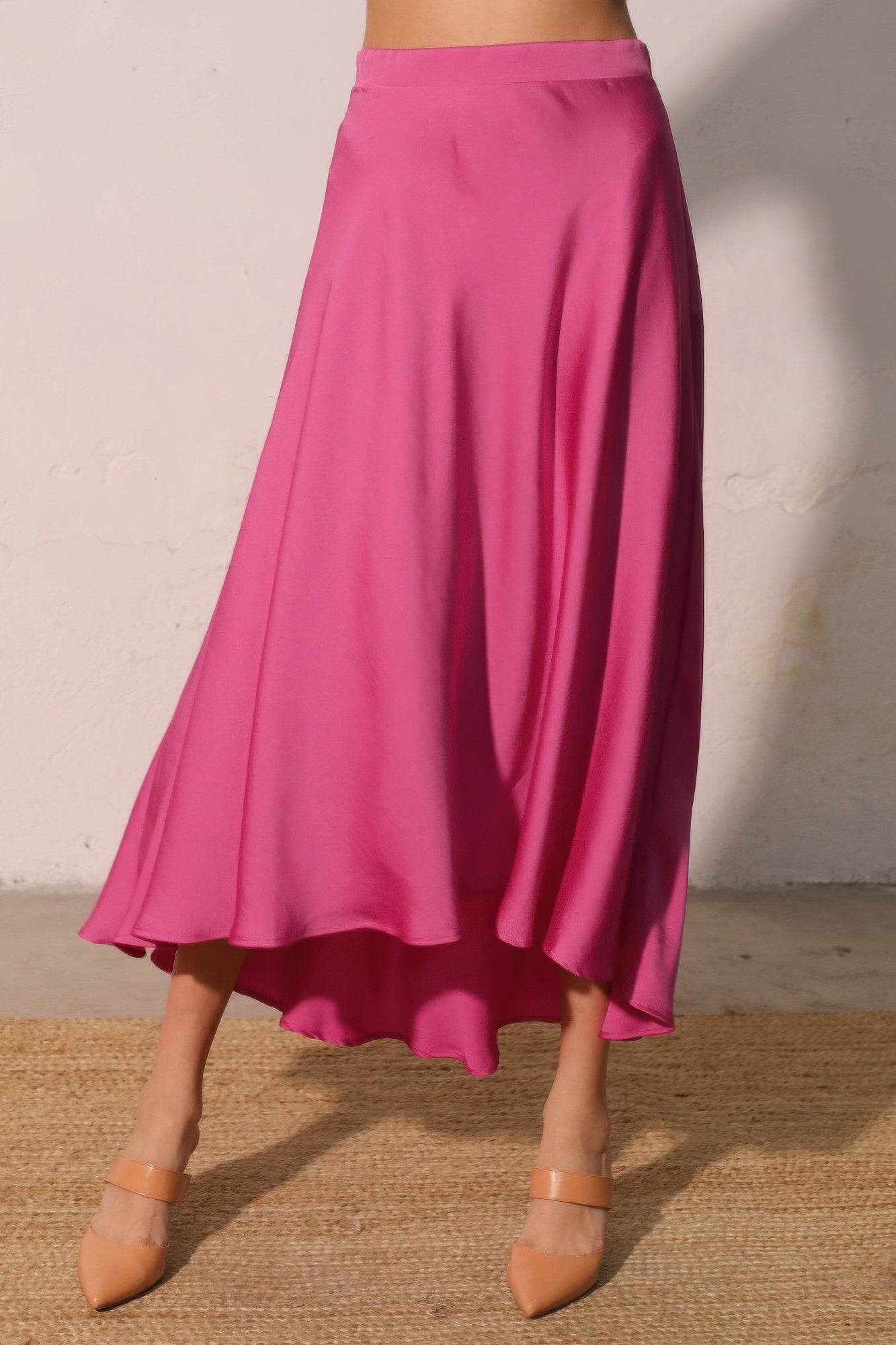 Midi Swing Washed Poly Silk Skirt - Pink Main image