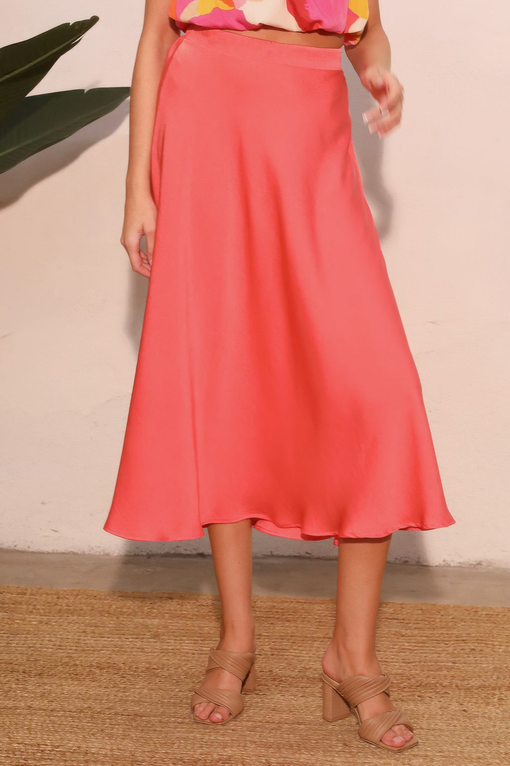 Midi Swing Washed Poly Silk Skirt - Coral