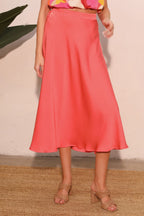 Midi Swing Washed Poly Silk Skirt - Coral