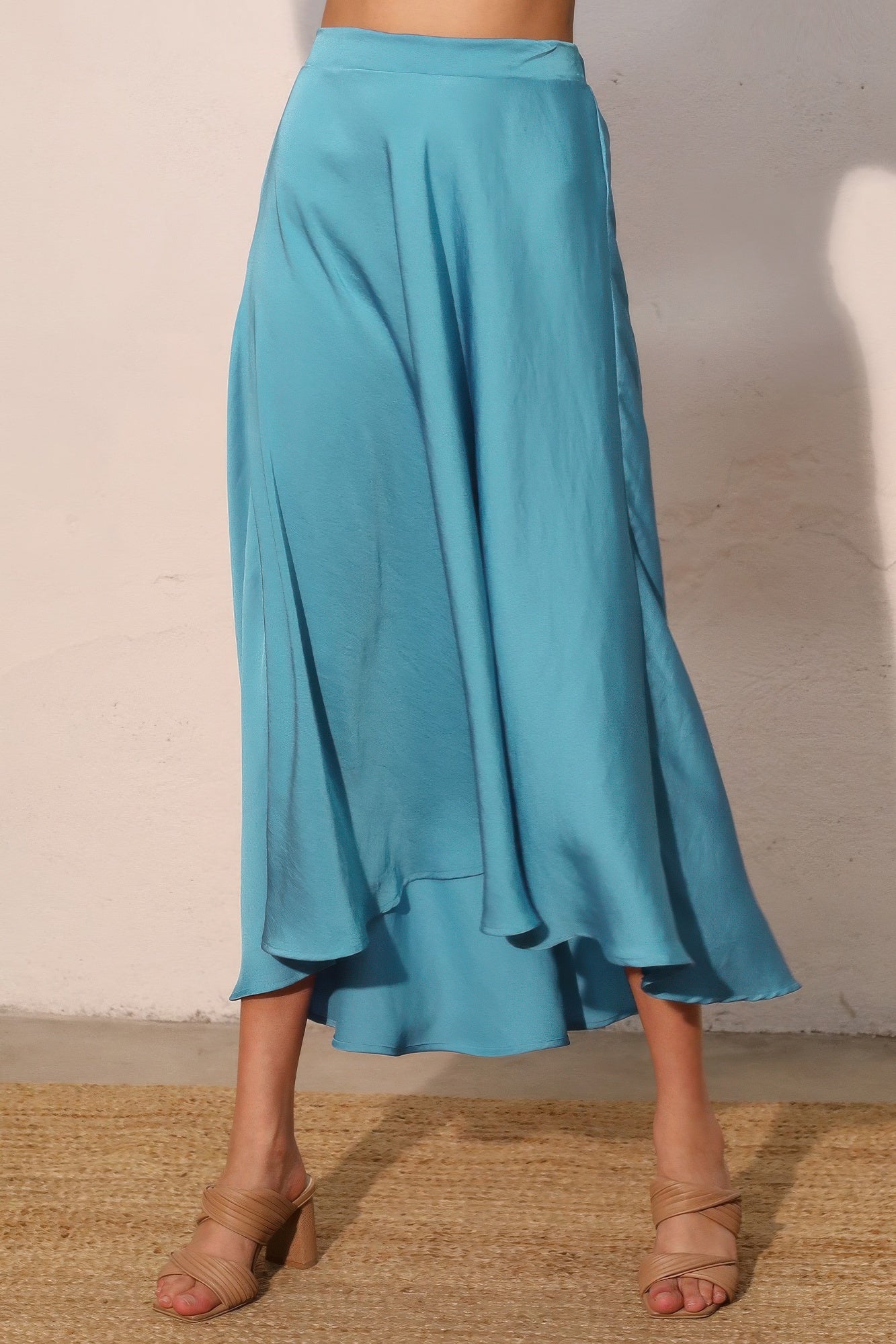 Midi Swing Washed Poly Silk Skirt - Turquoise