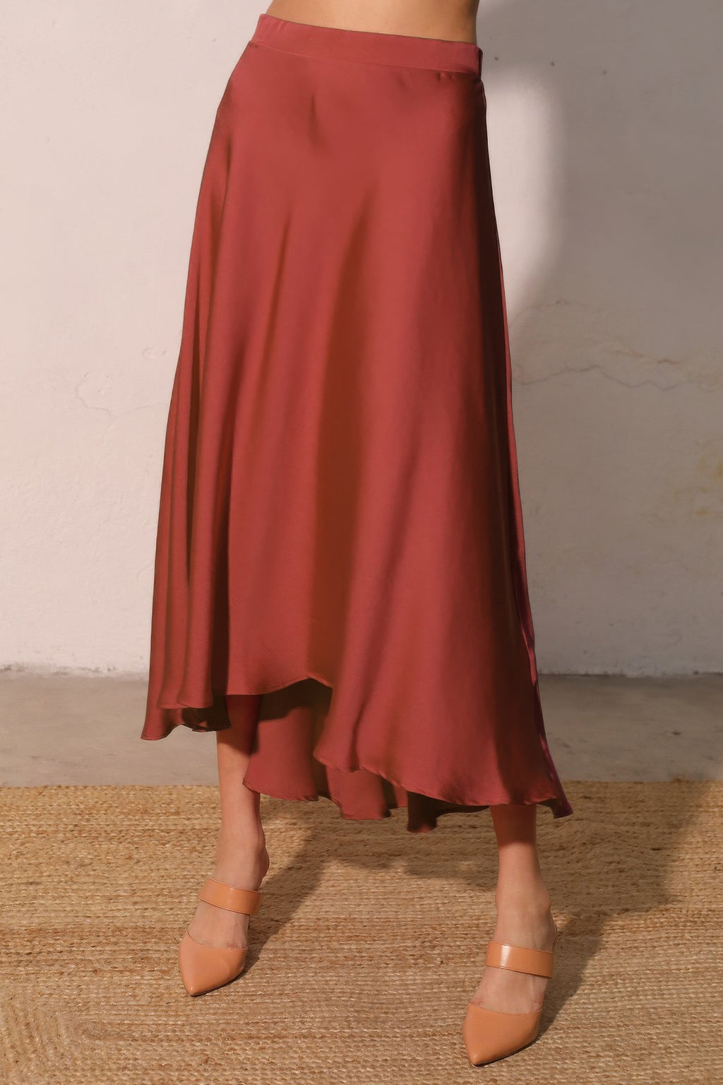 Midi Swing Washed Poly Silk Skirt - Brown