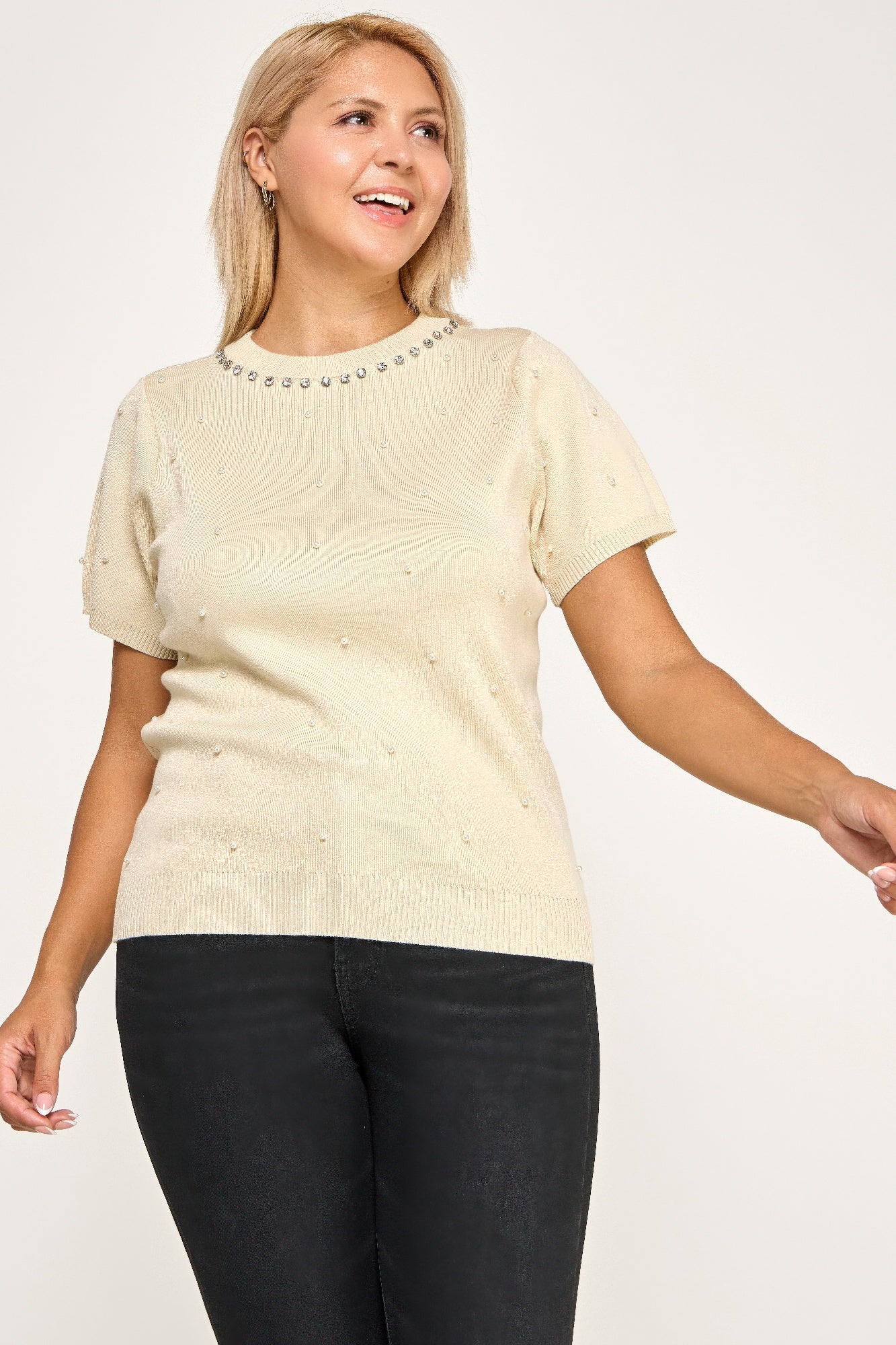Pearl Rhinestone Detail Knit Sweater Top - Ivory Main image