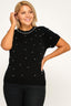 Pearl Rhinestone Detail Knit Sweater Top - Black