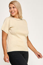 Pearl Rhinestone Detail Knit Sweater Top -
