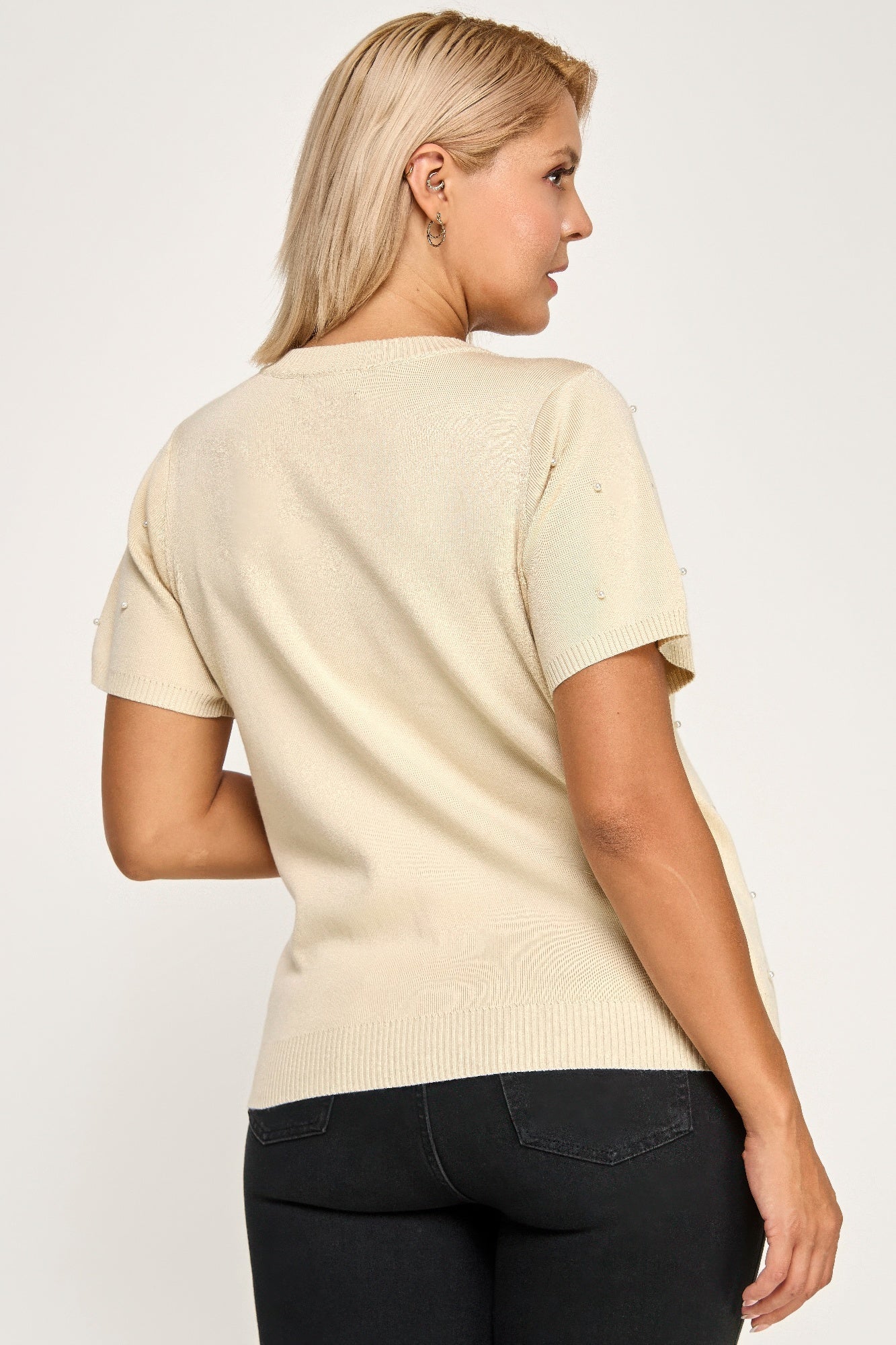 Pearl Rhinestone Detail Knit Sweater Top -