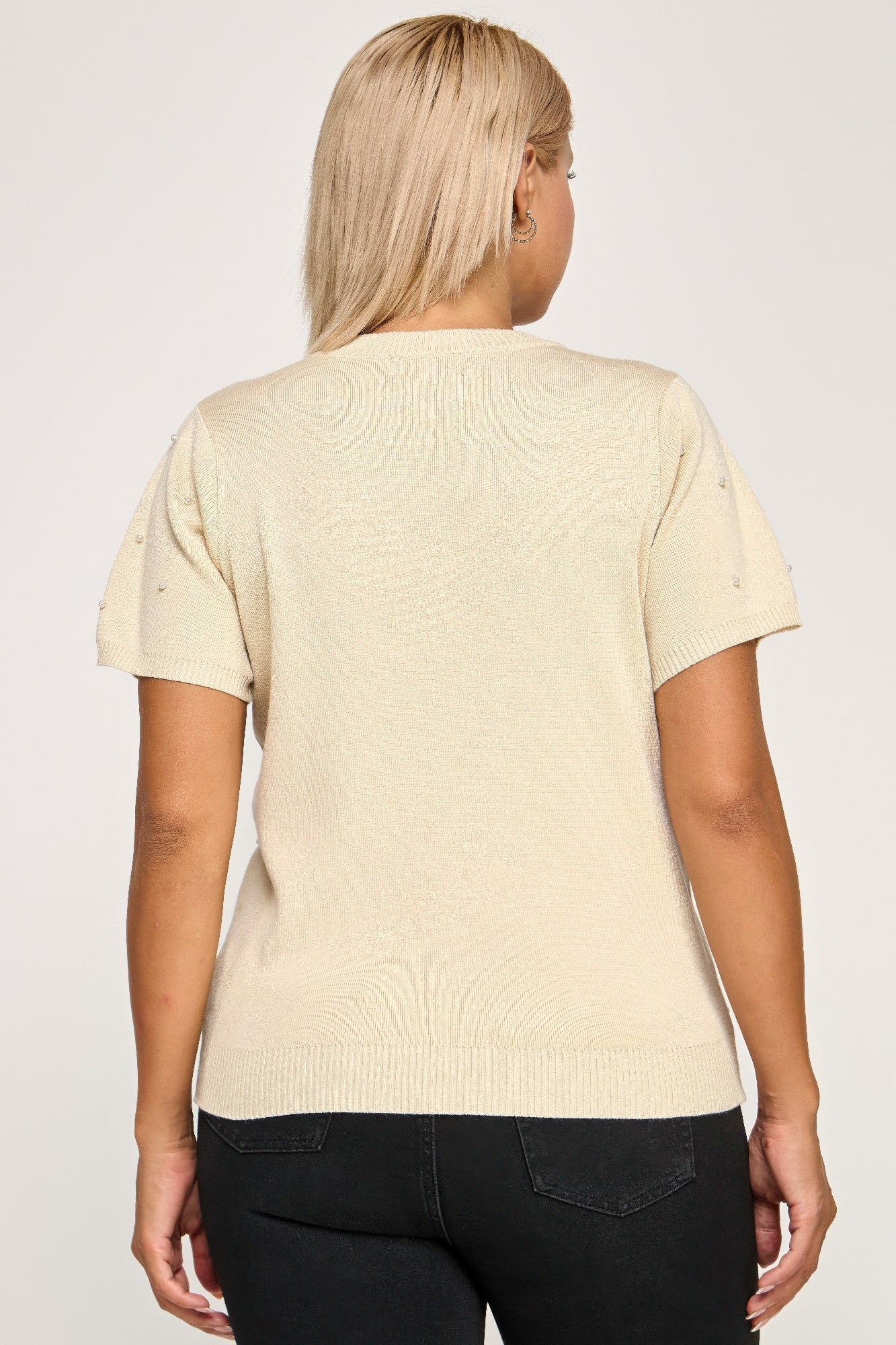 Pearl Rhinestone Detail Knit Sweater Top -