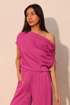 Drawstring One Shoulder Asymmetrical Top - Pink