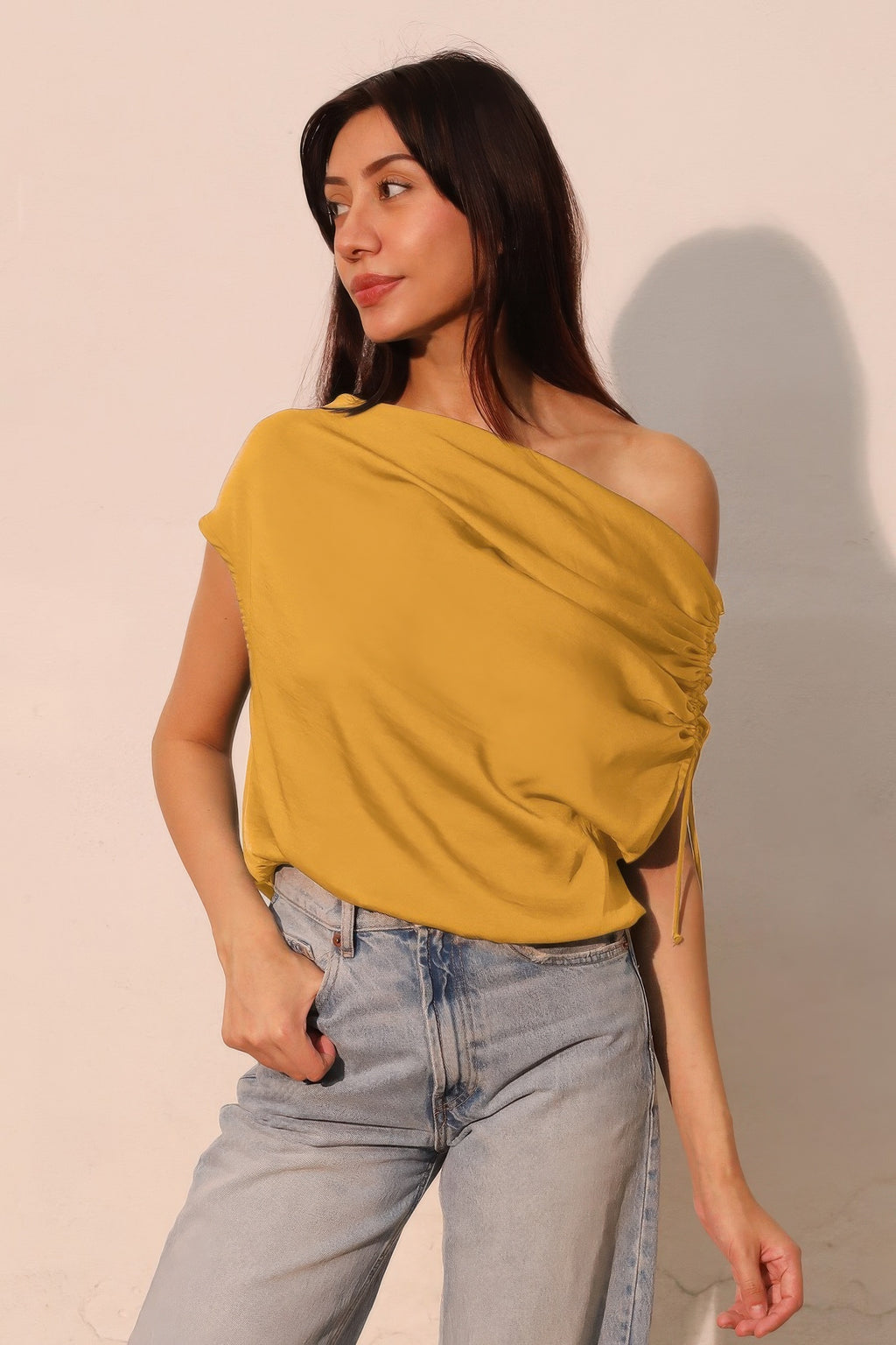 Drawstring One Shoulder Asymmetrical Top - Mustard