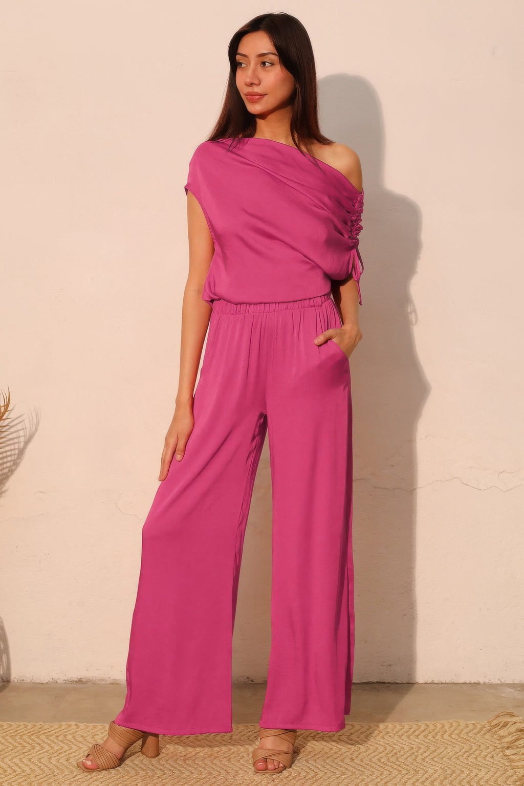 Drawstring One Shoulder Asymmetrical Top -