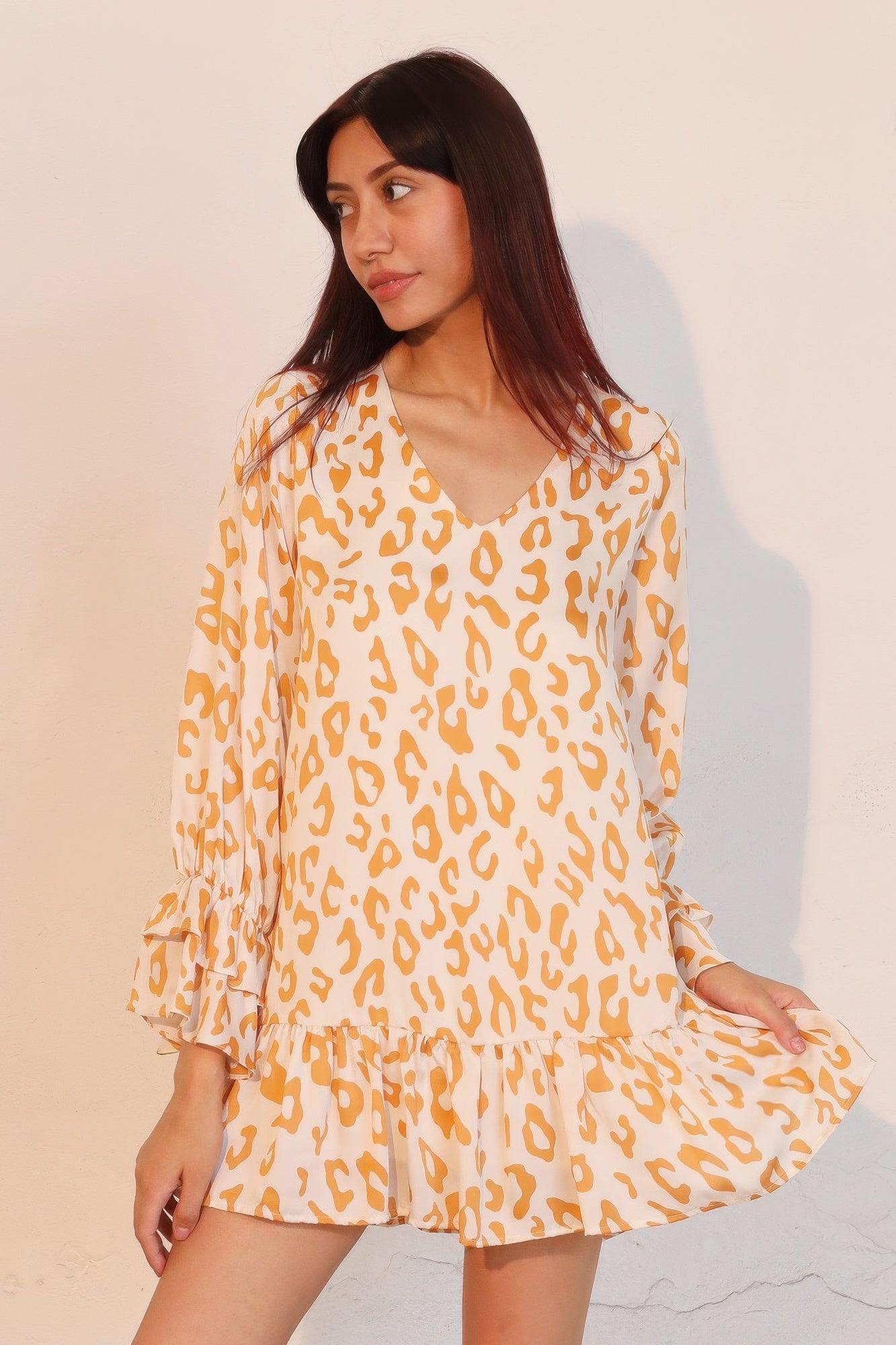 Ruffle Cuff Leopard Babydoll Dress -