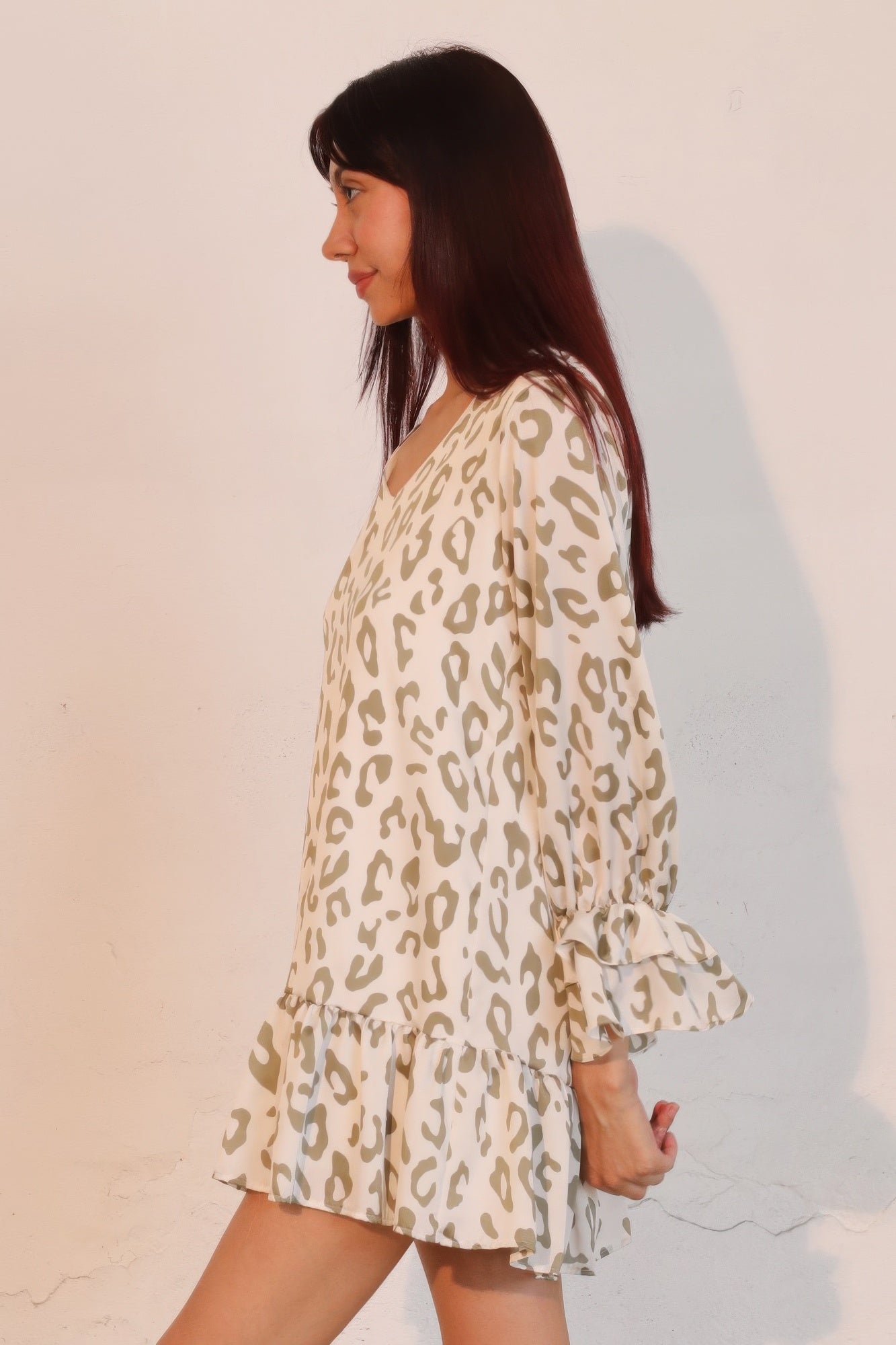 Ruffle Cuff Leopard Babydoll Dress -