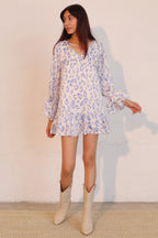 Ruffle Cuff Leopard Babydoll Dress - Blue