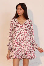 Ruffle Cuff Leopard Babydoll Dress - Wine