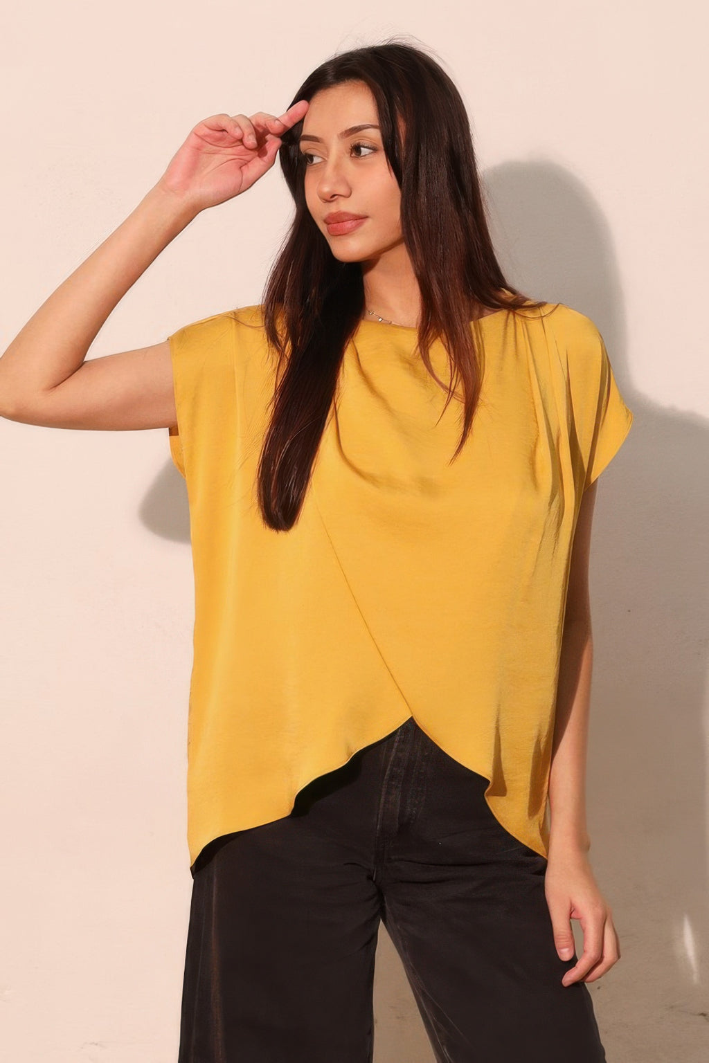 Tulip Hem Washed Poly Silk Tunic Blouse - Mustard