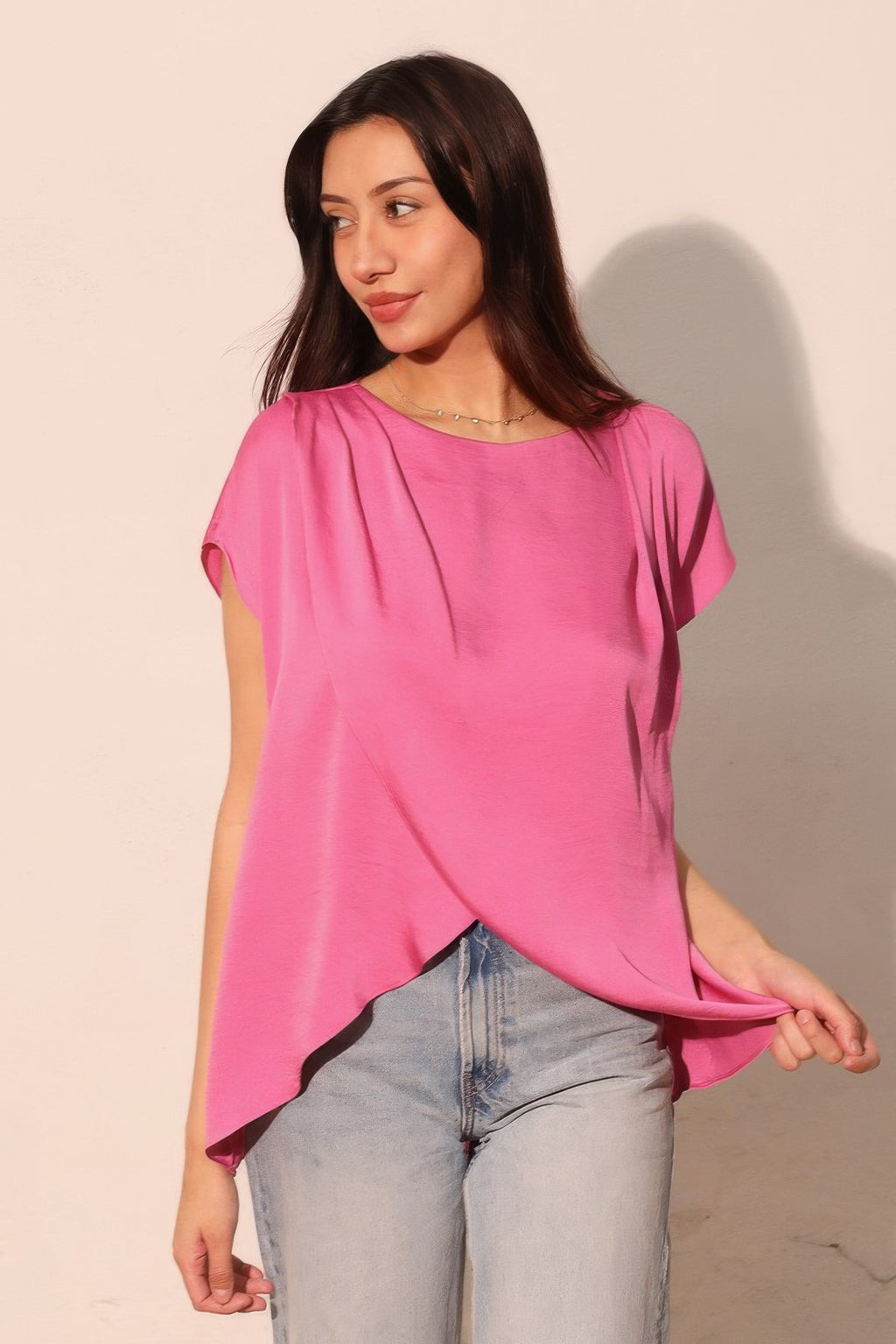 Tulip Hem Washed Poly Silk Tunic Blouse - Pink