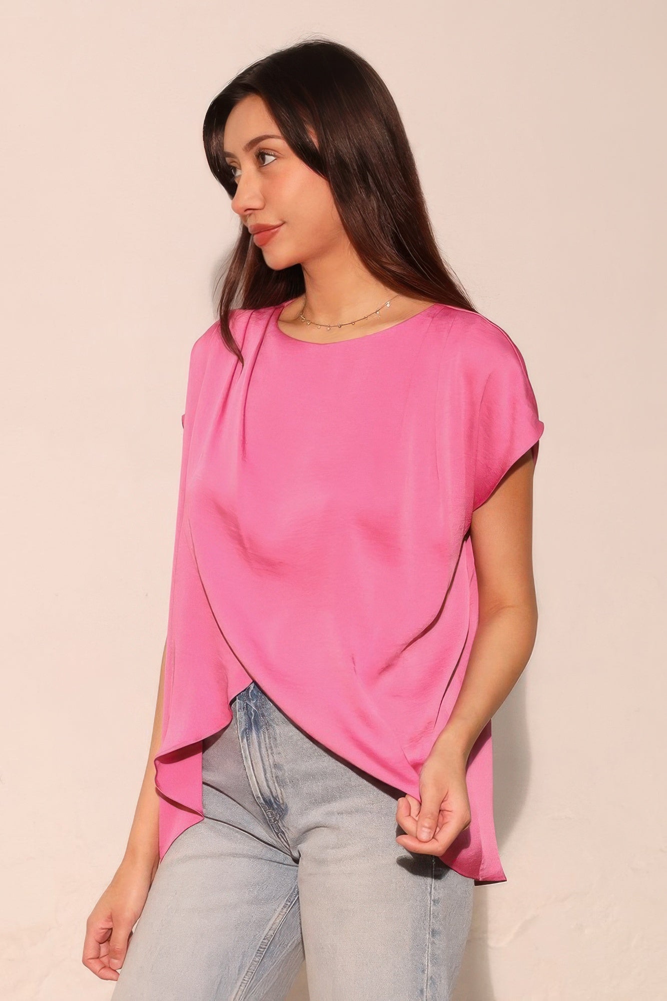 Tulip Hem Washed Poly Silk Tunic Blouse -