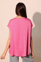 Tulip Hem Washed Poly Silk Tunic Blouse -