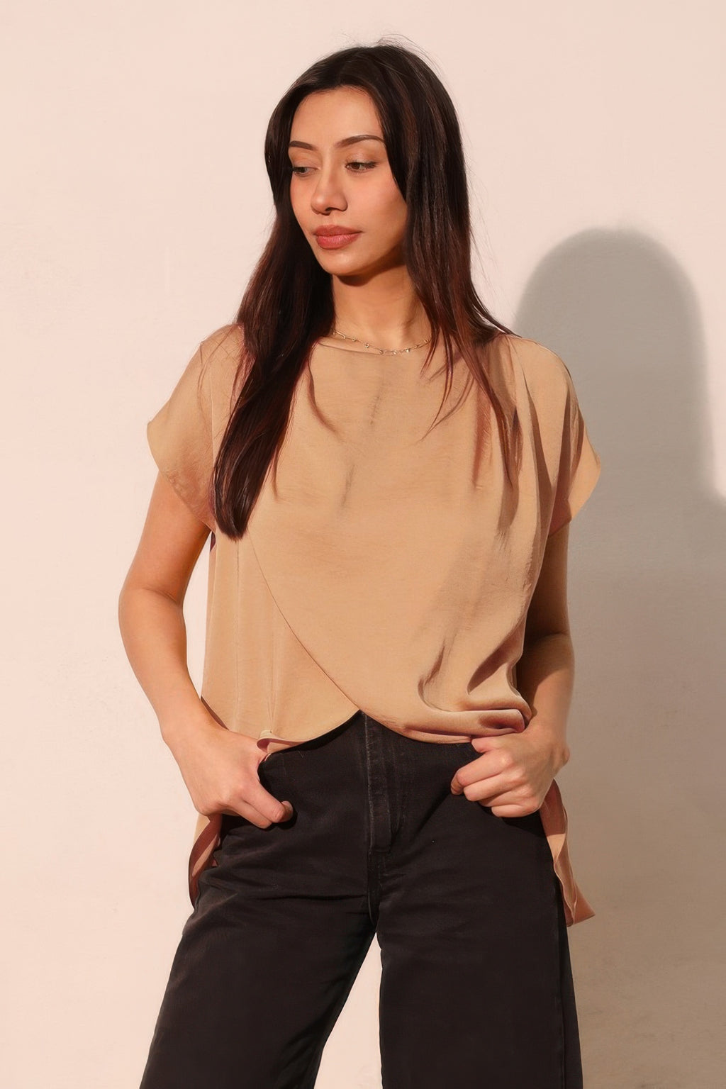 Tulip Hem Washed Poly Silk Tunic Blouse - Tan