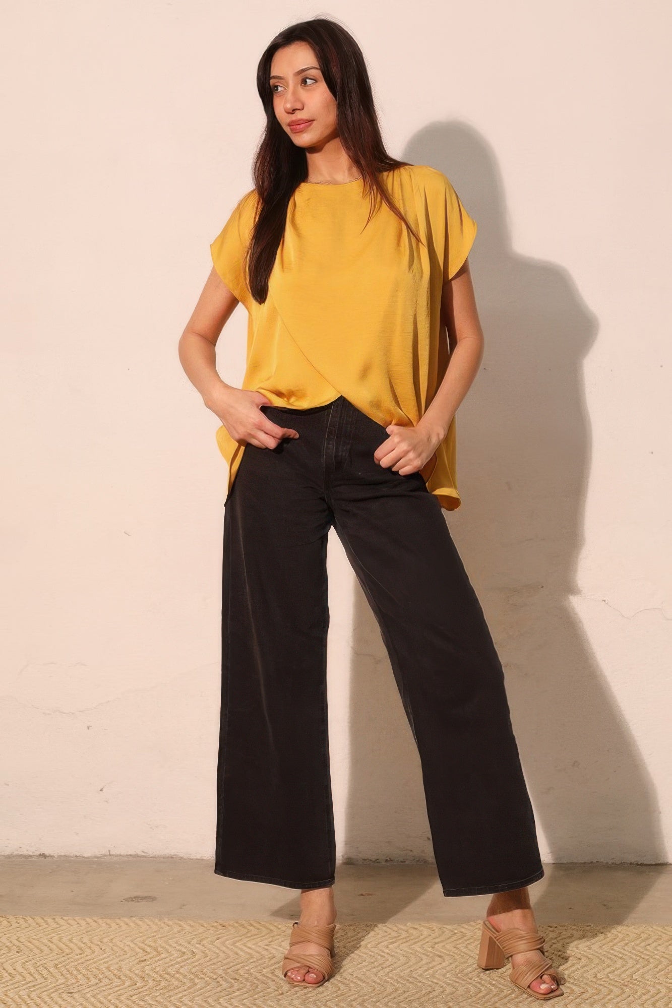 Tulip Hem Washed Poly Silk Tunic Blouse -