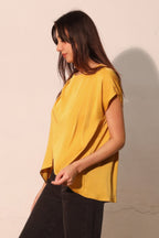 Tulip Hem Washed Poly Silk Tunic Blouse -