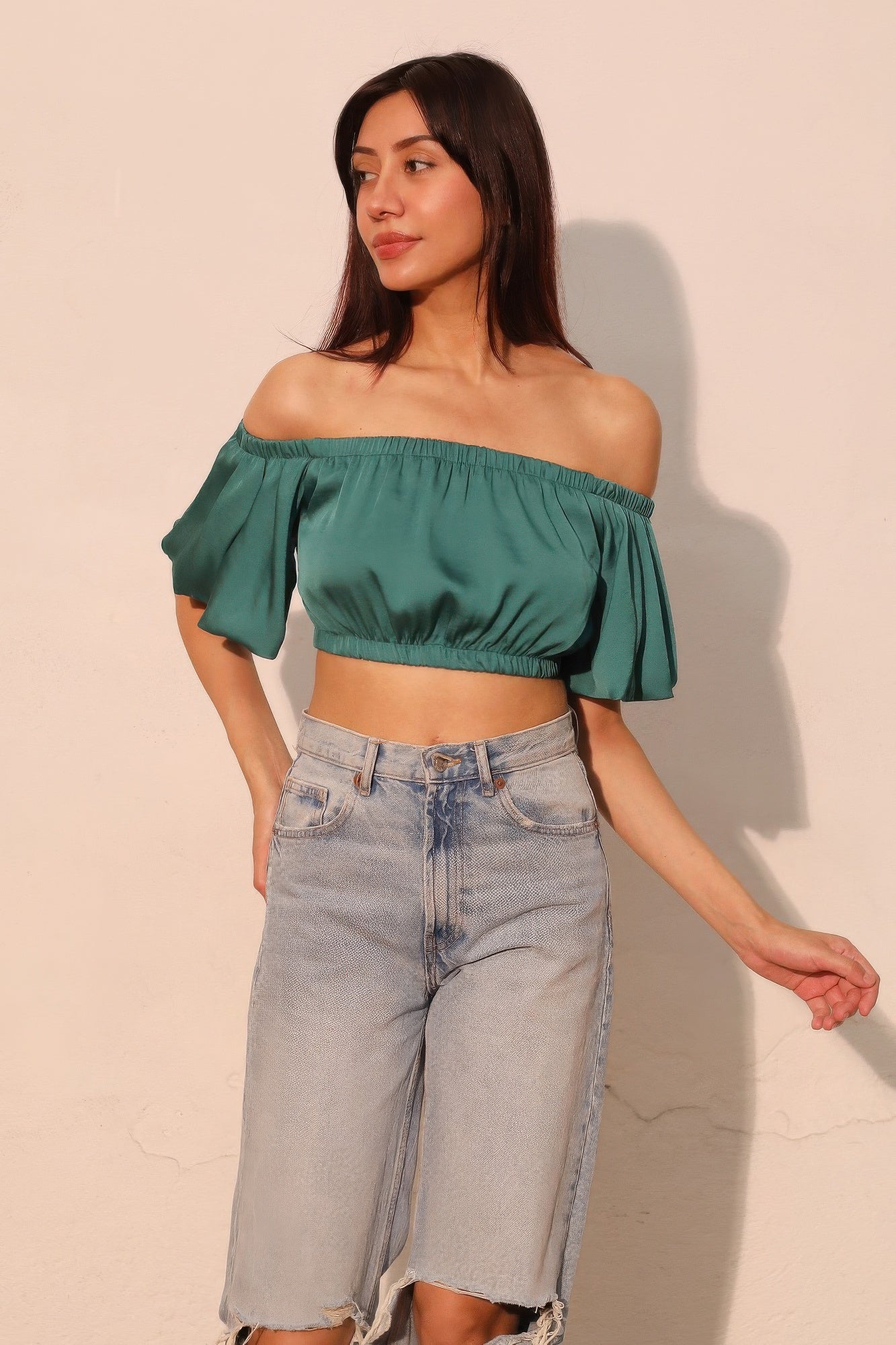 Off Shoulder Bubble Sleeve Crop Top Secondary image
