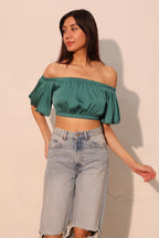 Off Shoulder Bubble Sleeve Crop Top - Forrest green
