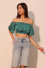 Off Shoulder Bubble Sleeve Crop Top - Forrest green