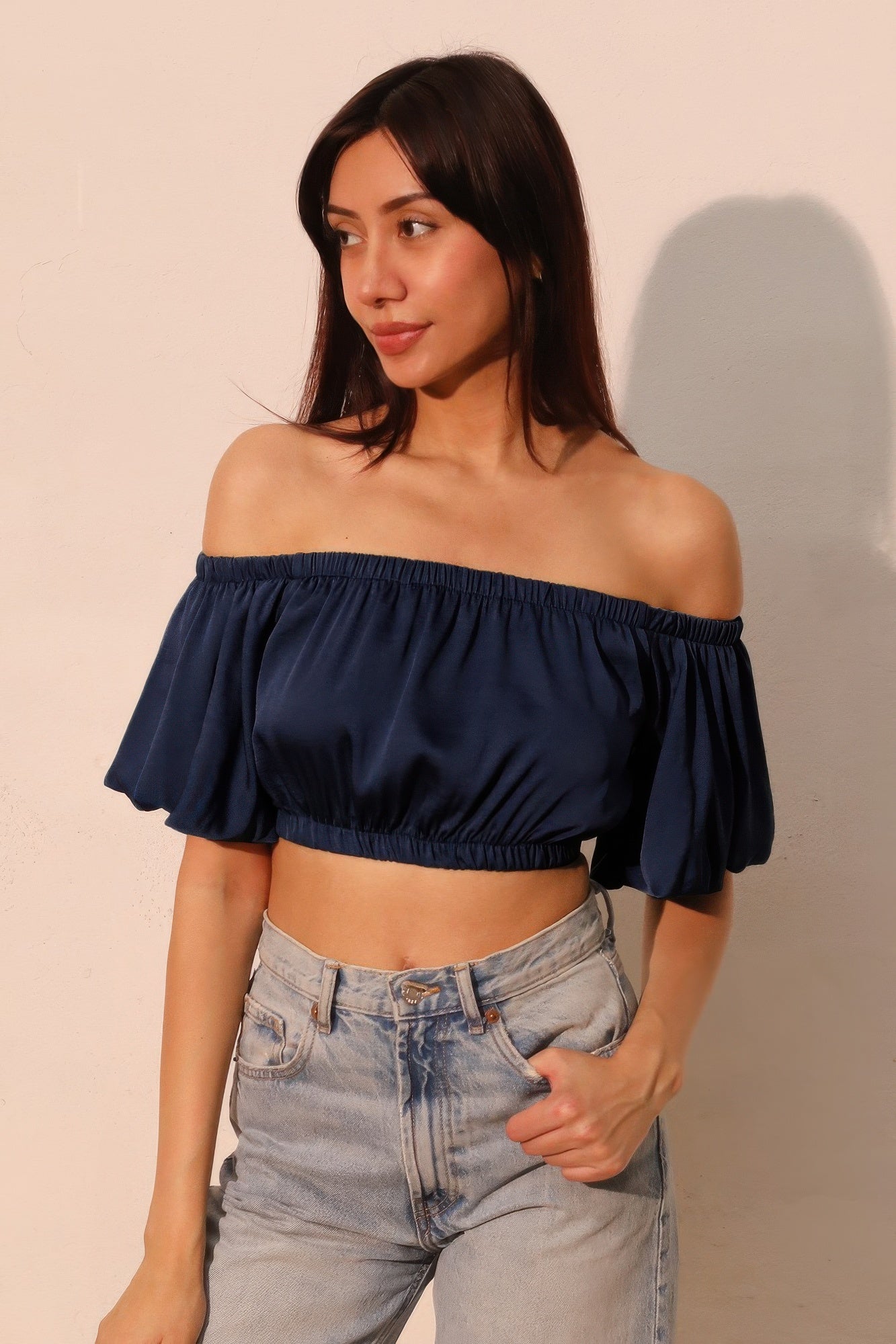 Off Shoulder Bubble Sleeve Crop Top - Navy
