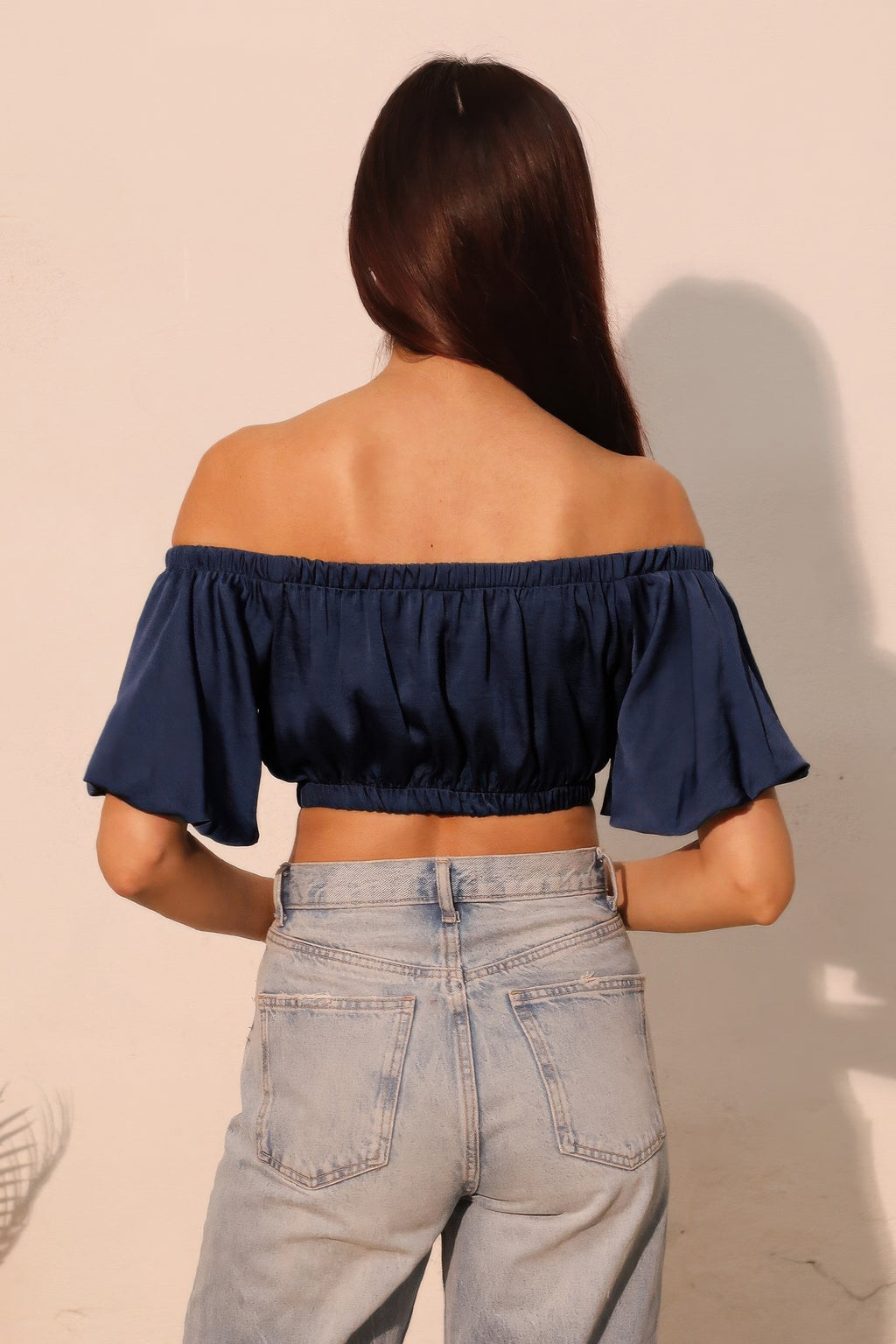 Off Shoulder Bubble Sleeve Crop Top -