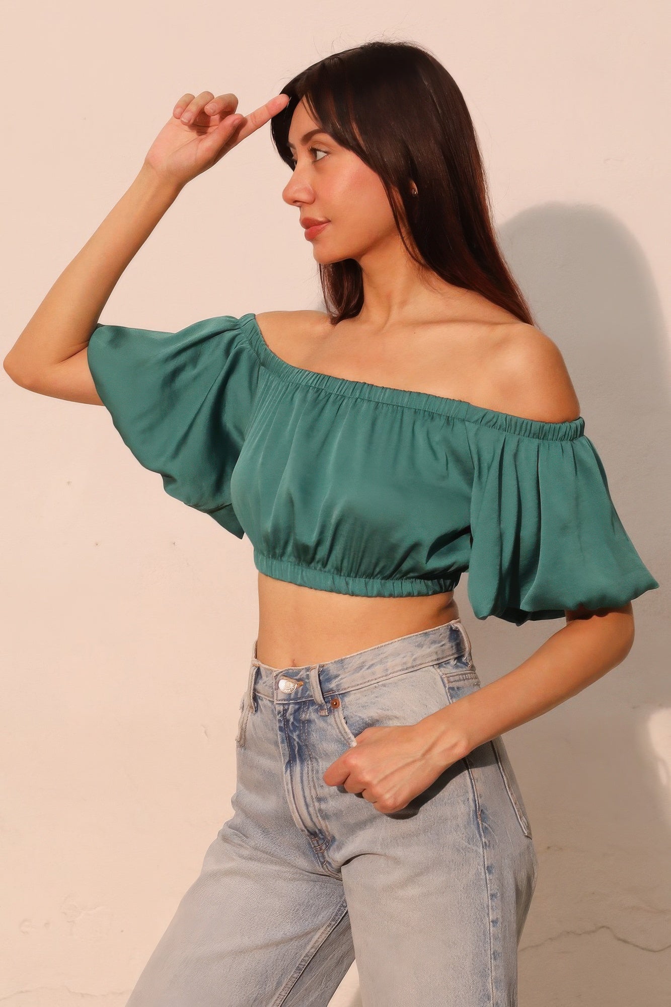 Off Shoulder Bubble Sleeve Crop Top -