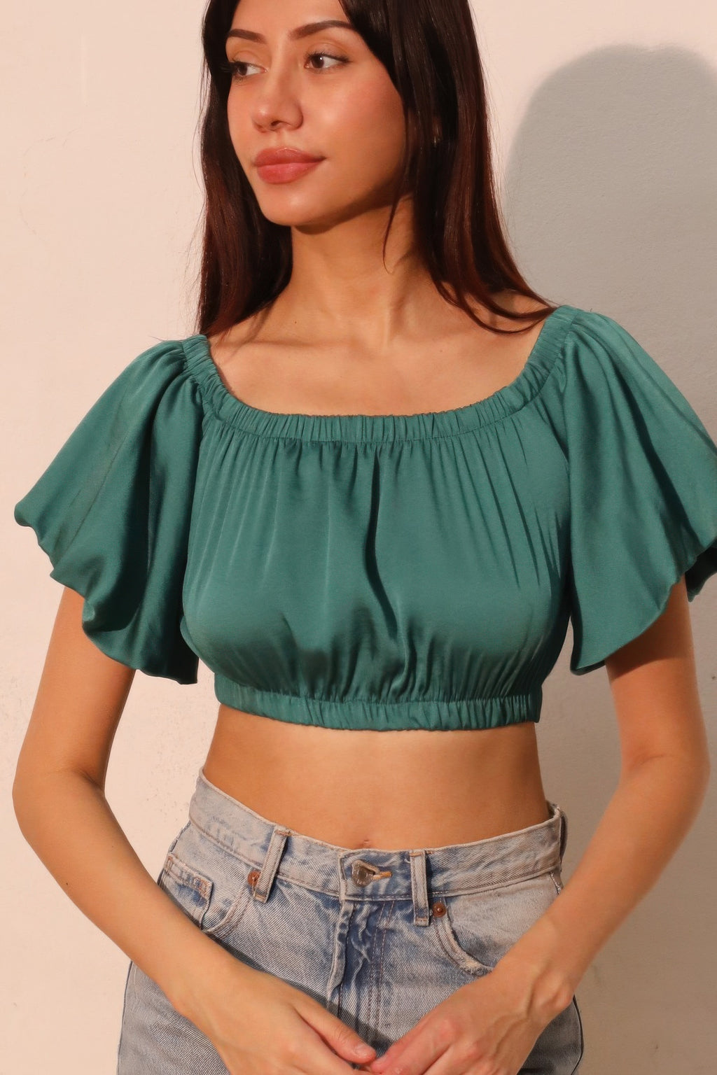 Off Shoulder Bubble Sleeve Crop Top -