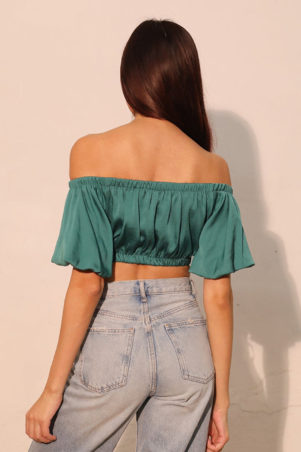 Off Shoulder Bubble Sleeve Crop Top -
