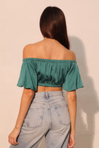 Off Shoulder Bubble Sleeve Crop Top -