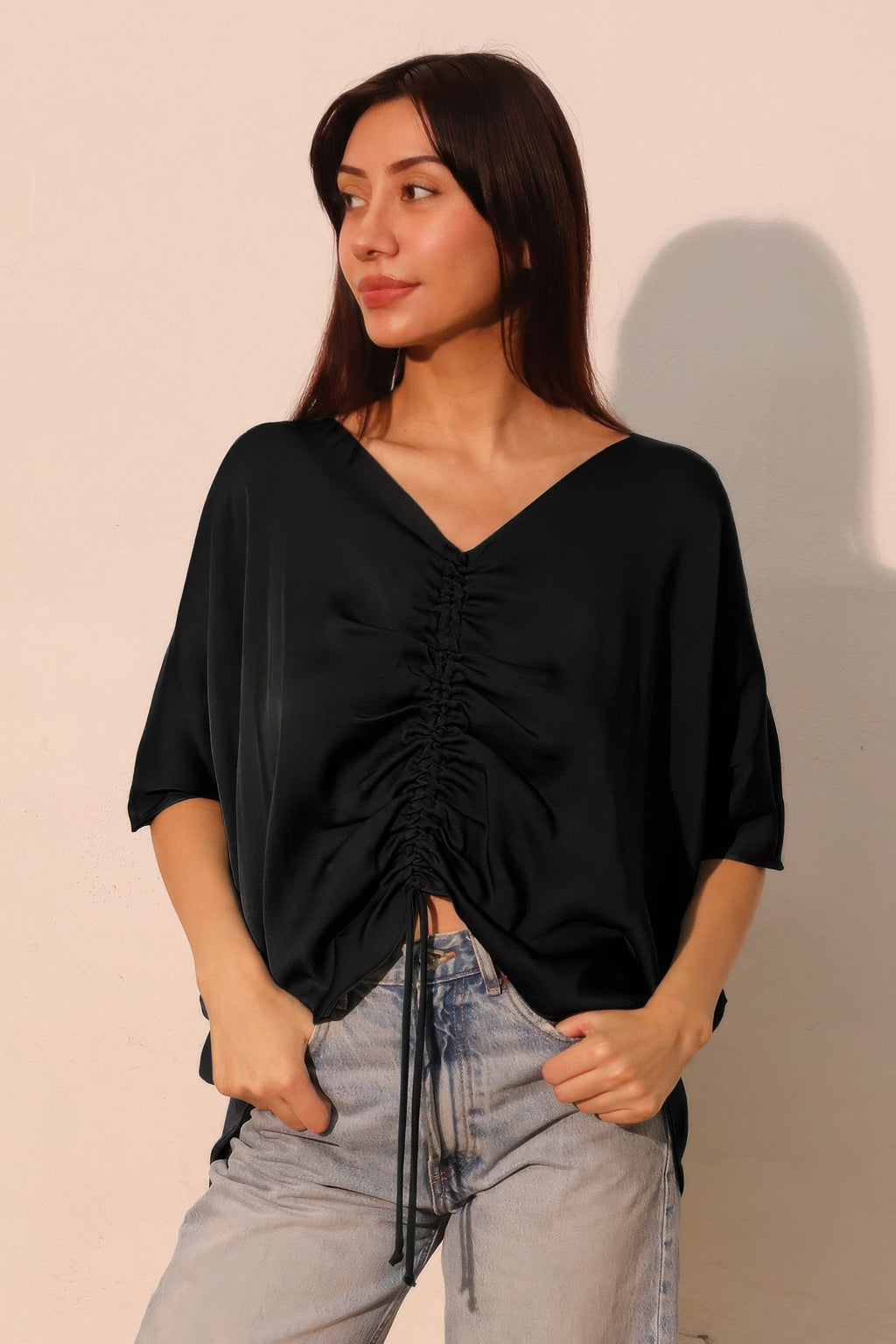 Drawstring Dolman Washed Poly Silk Blouse - Black