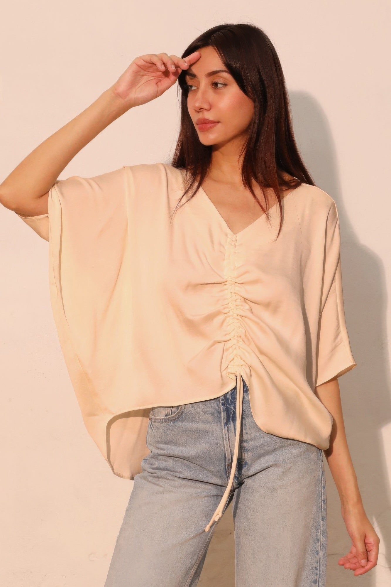 Drawstring Dolman Washed Poly Silk Blouse - Champagne