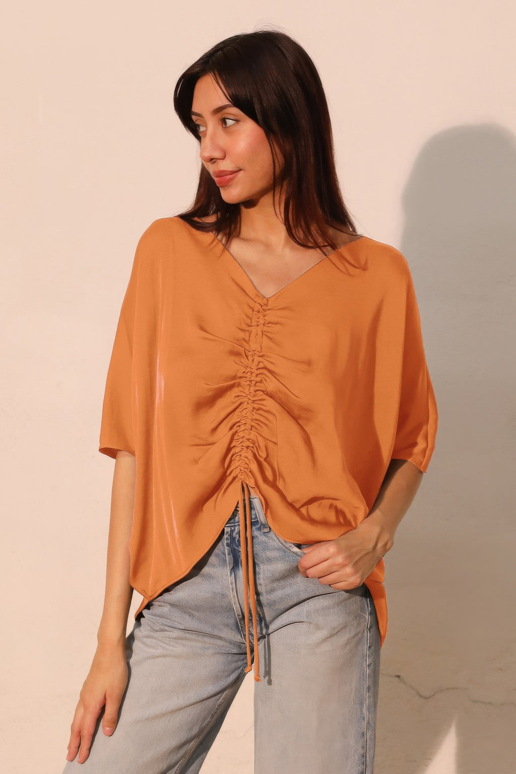 Drawstring Dolman Washed Poly Silk Blouse - Pumpkin