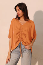 Drawstring Dolman Washed Poly Silk Blouse - Pumpkin