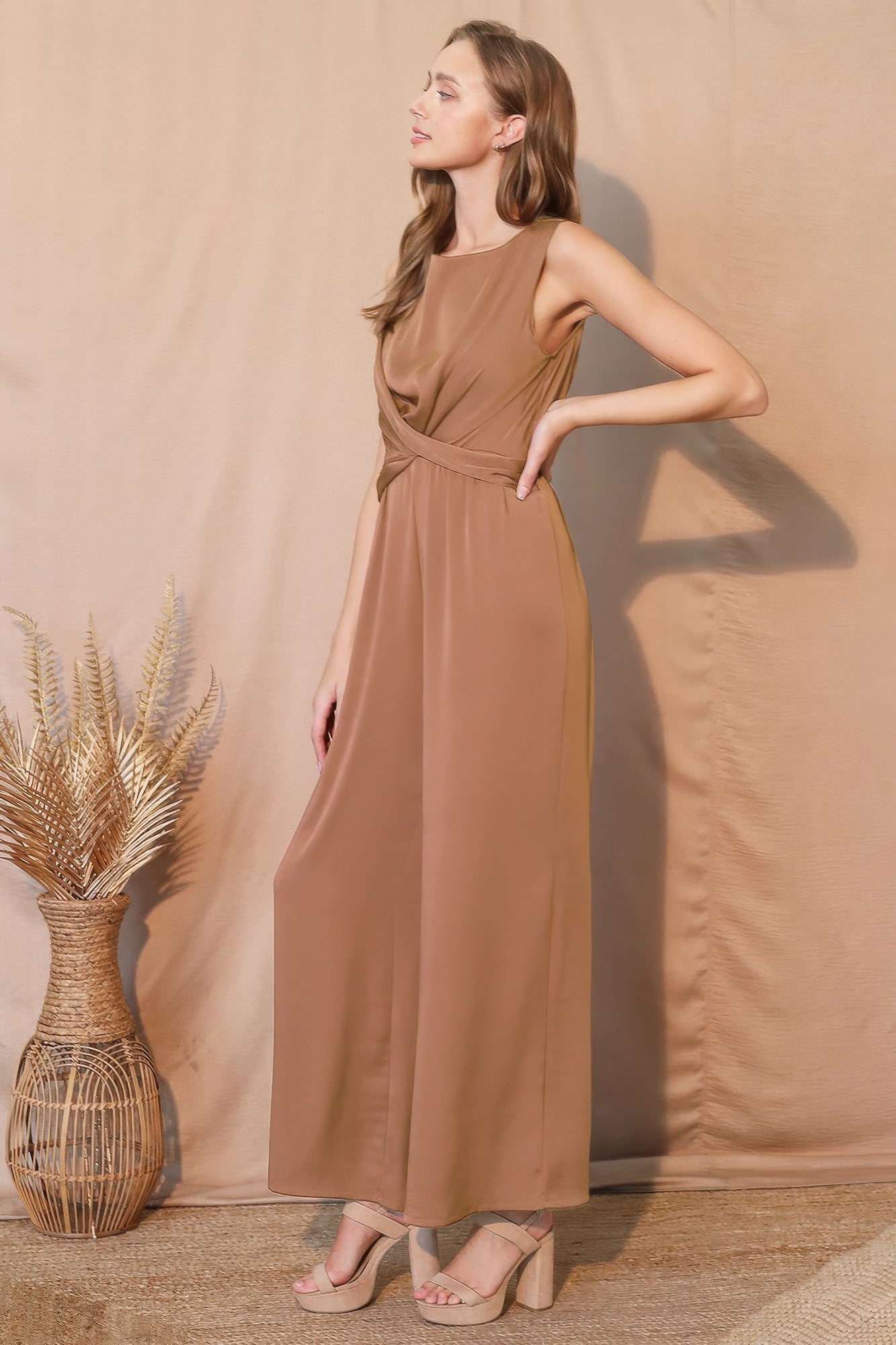 Twist Front Washed Poly Silk Jumpsuit -