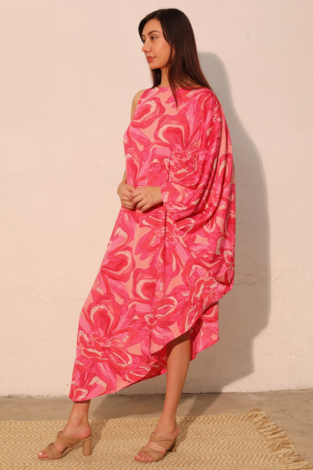 One Sleeve Chasing Petals Midi Dress -